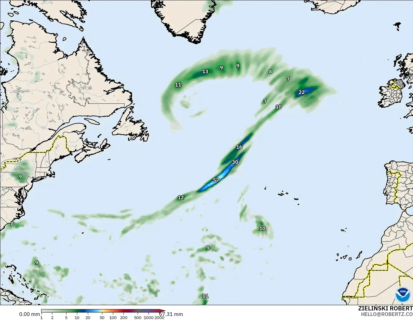 GFS modelo - Atlântico Norte, Acúmulo de precipitação