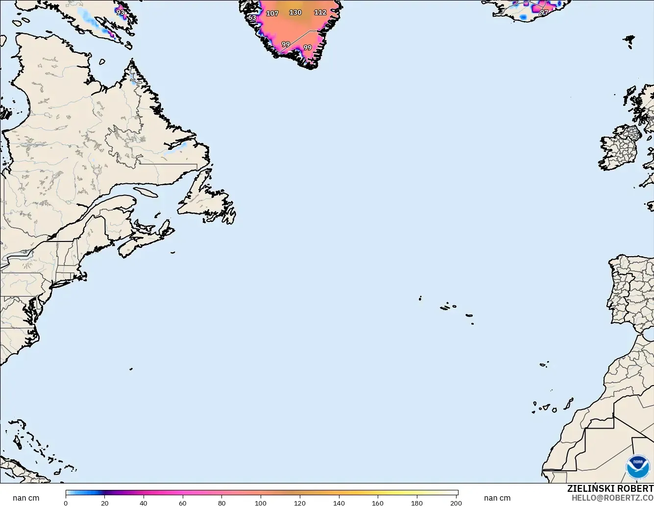 GFS modelo - Atlântico Norte, Profundidade da neve