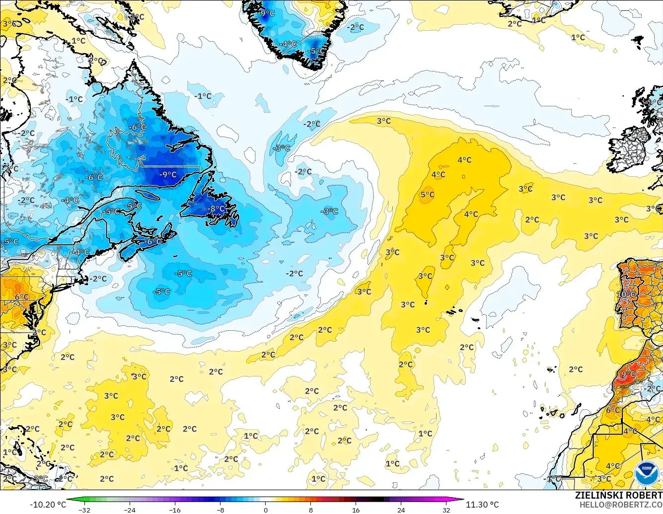 GFS modelo - Atlântico Norte, Anomalia de temperatura a 2 m