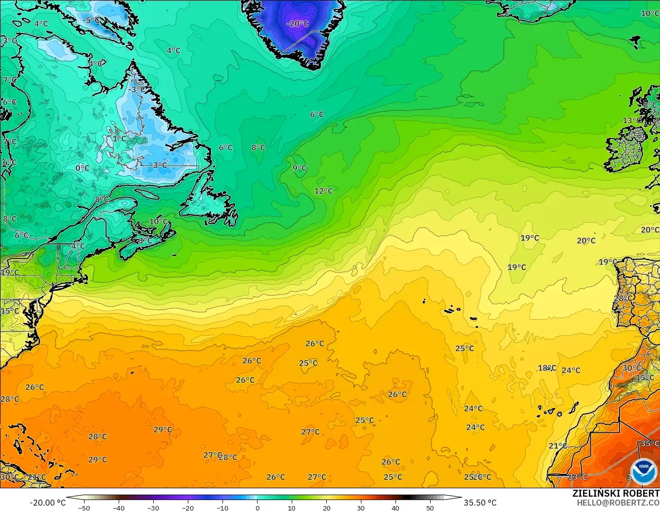GFS modelo - Atlântico Norte, Temperatura a 2 m