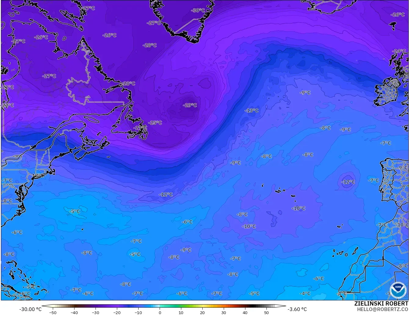 GFS modelo - Atlântico Norte, Temperatura a 500 hPa