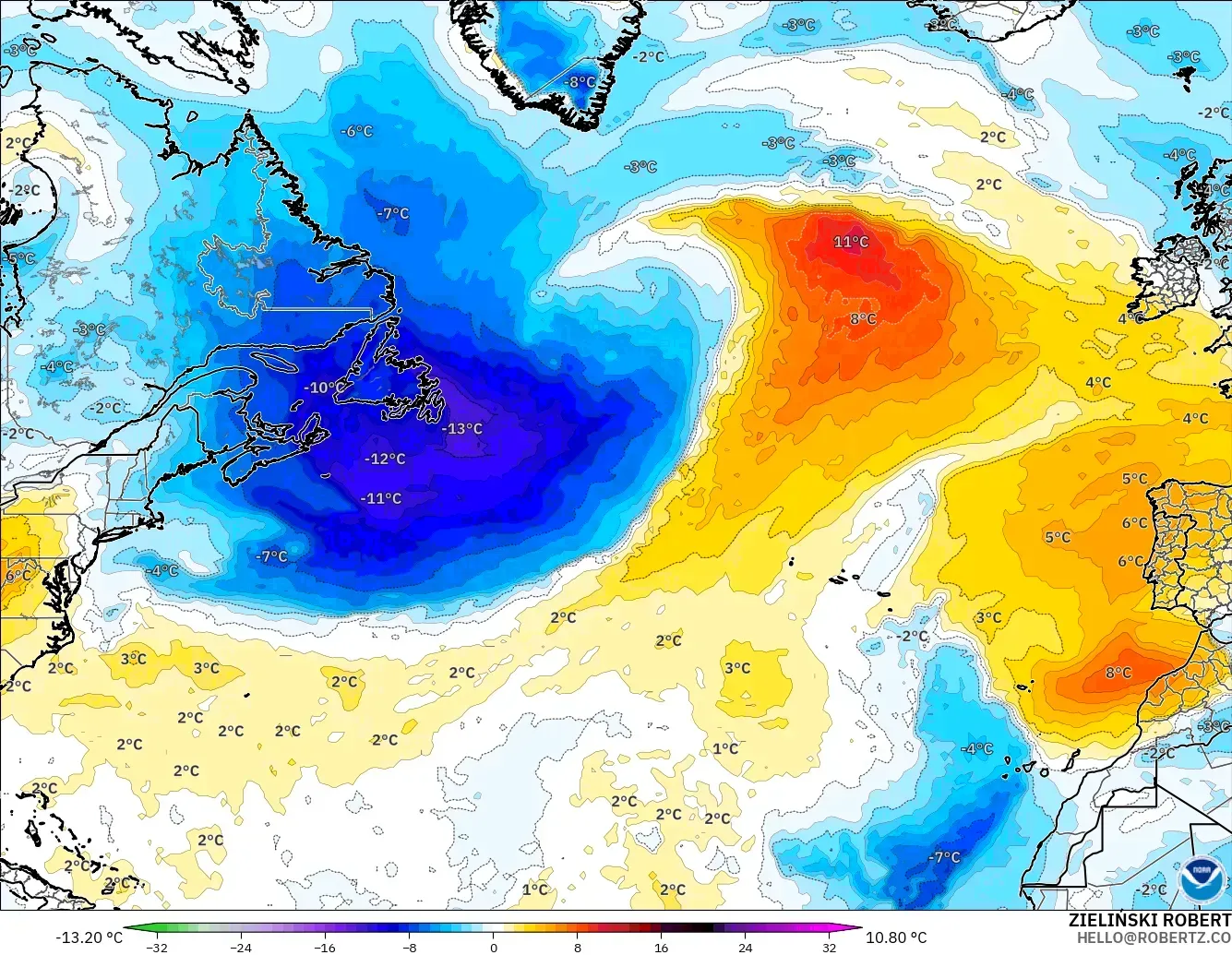 GFS modelo - Atlântico Norte, Anomalia de temperatura a 850 hPa