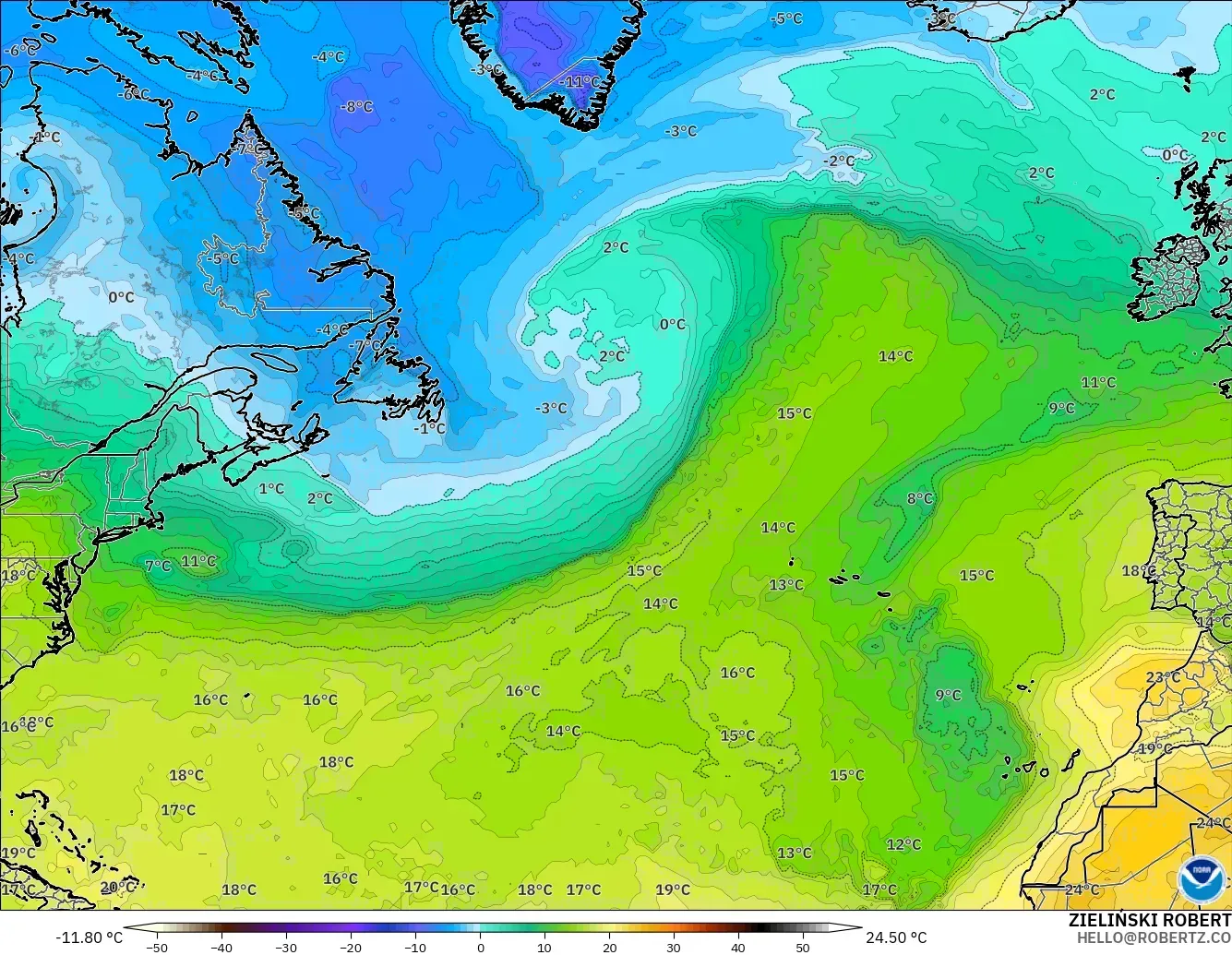 GFS modelo - Atlântico Norte, Temperatura a 850 hPa