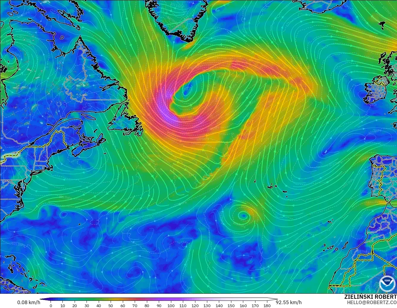 GFS modelo - Atlântico Norte, Vento a 10 m