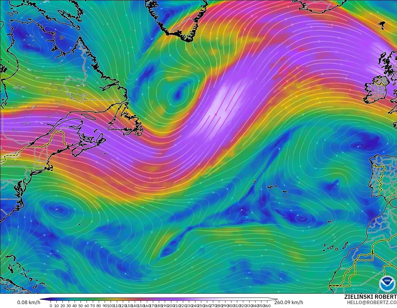 GFS modelo - Atlântico Norte, Vento a 300 hPa (corrente em jato)