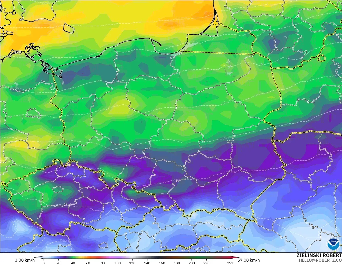GFS modelo - Polônia, Rajadas de vento