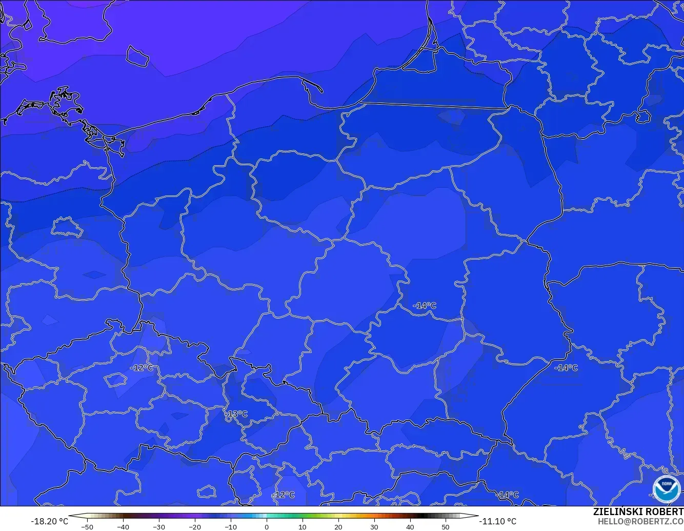 GFS modelo - Polônia, Temperatura a 500 hPa