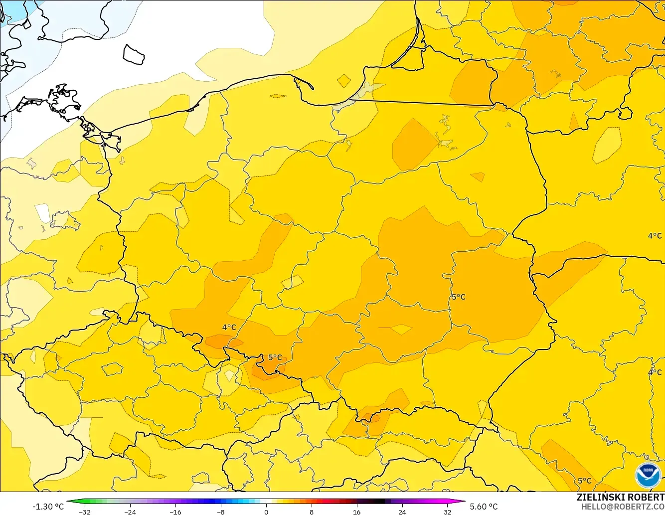 GFS modelo - Polônia, Anomalia de temperatura a 850 hPa