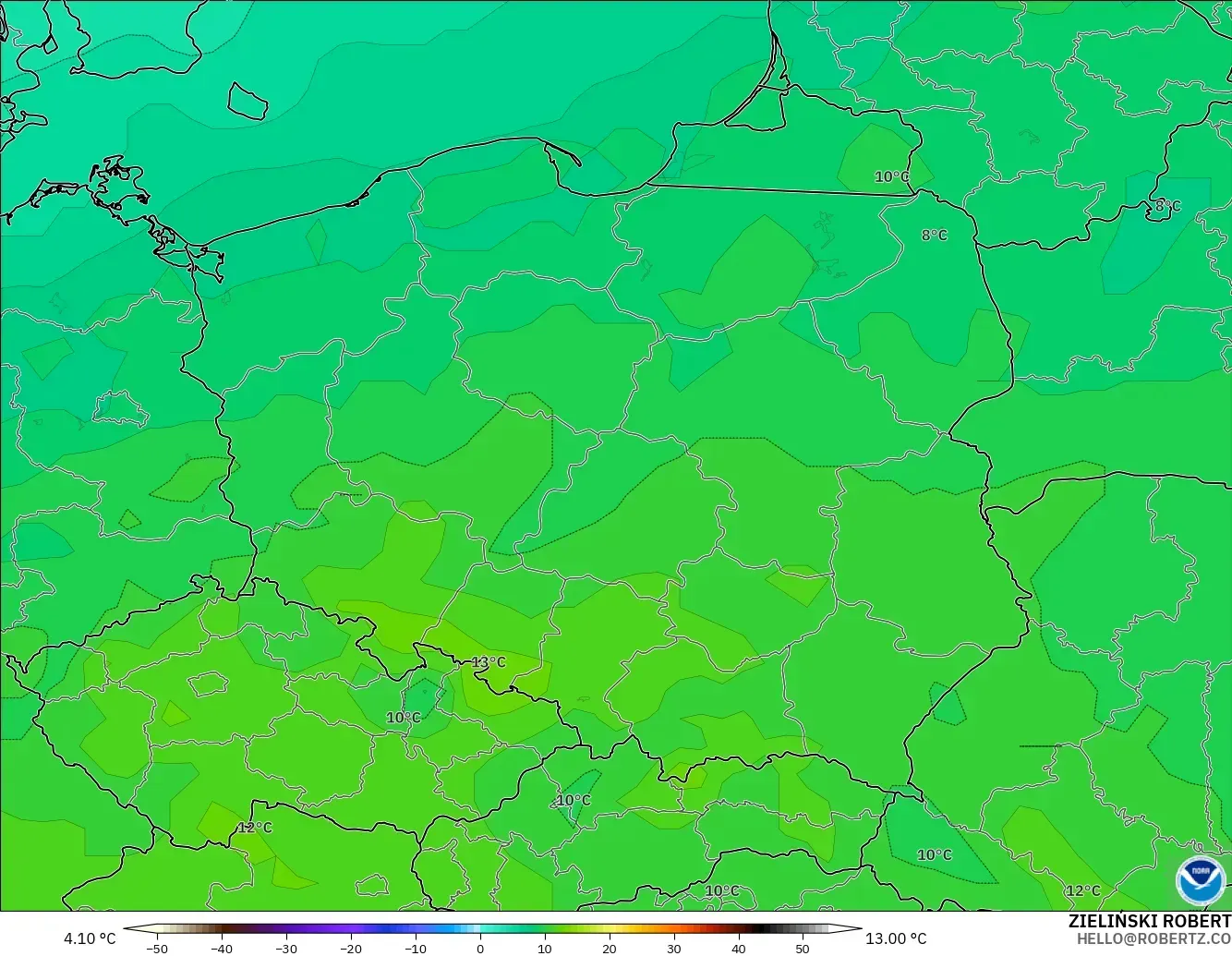 GFS modelo - Polônia, Temperatura a 850 hPa