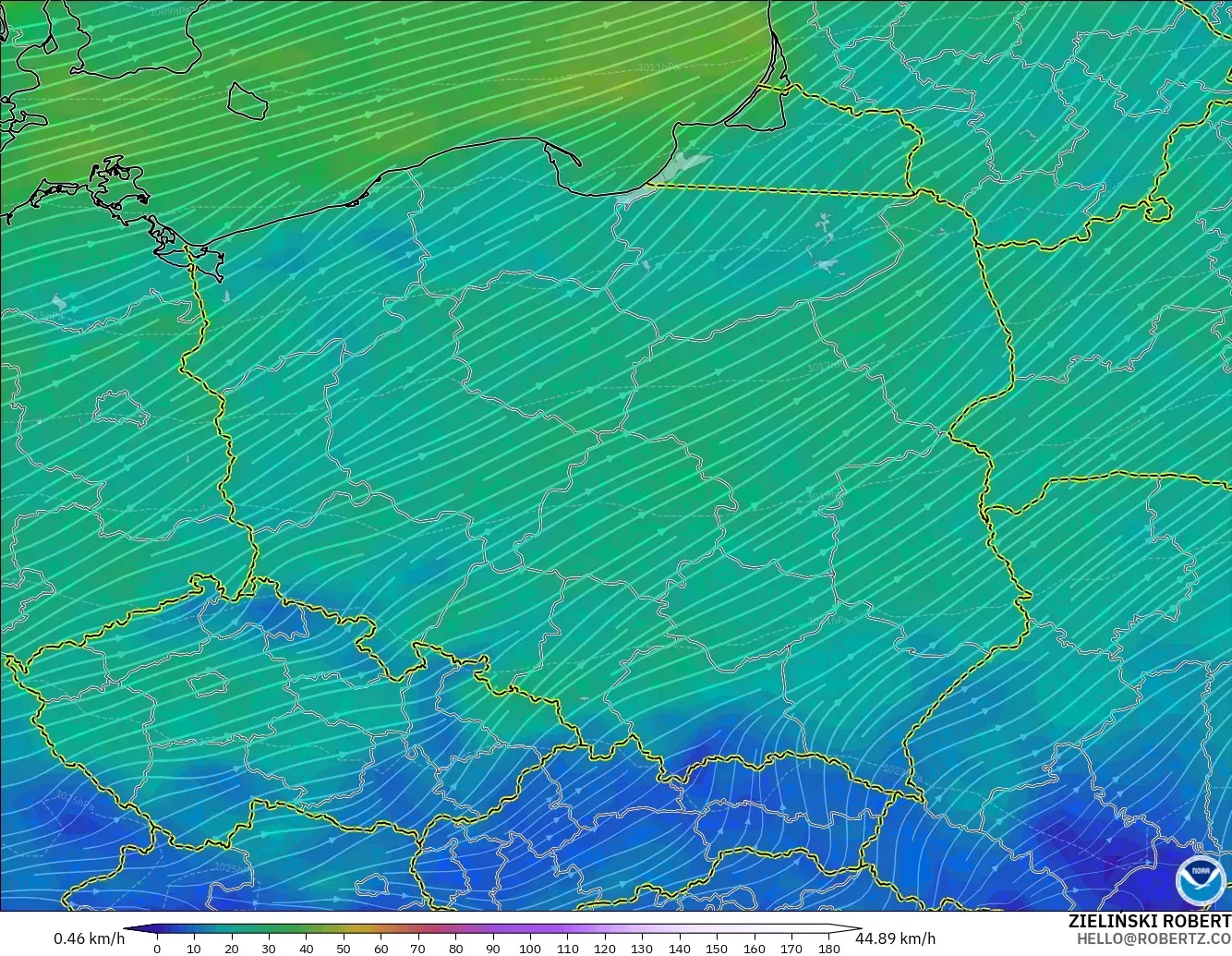 GFS modelo - Polônia, Vento a 10 m