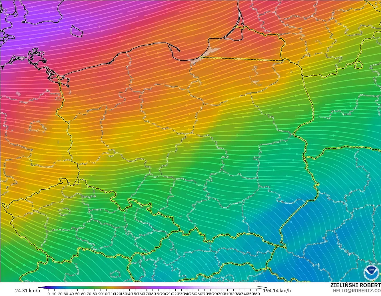 GFS modelo - Polônia, Vento a 300 hPa (corrente em jato)