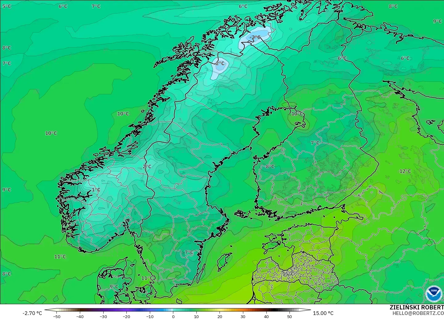 GFS modelo - Escandinávia, Ponto de orvalho a 2 m
