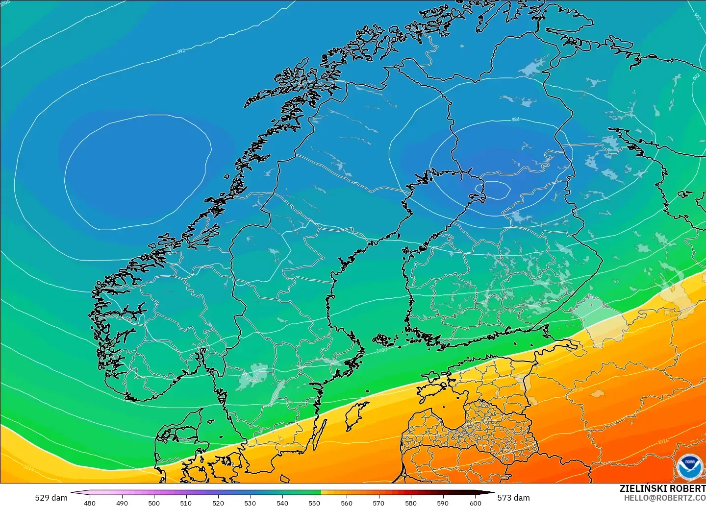 GFS modelo - Escandinávia, Altura geopotencial a 500 hPa