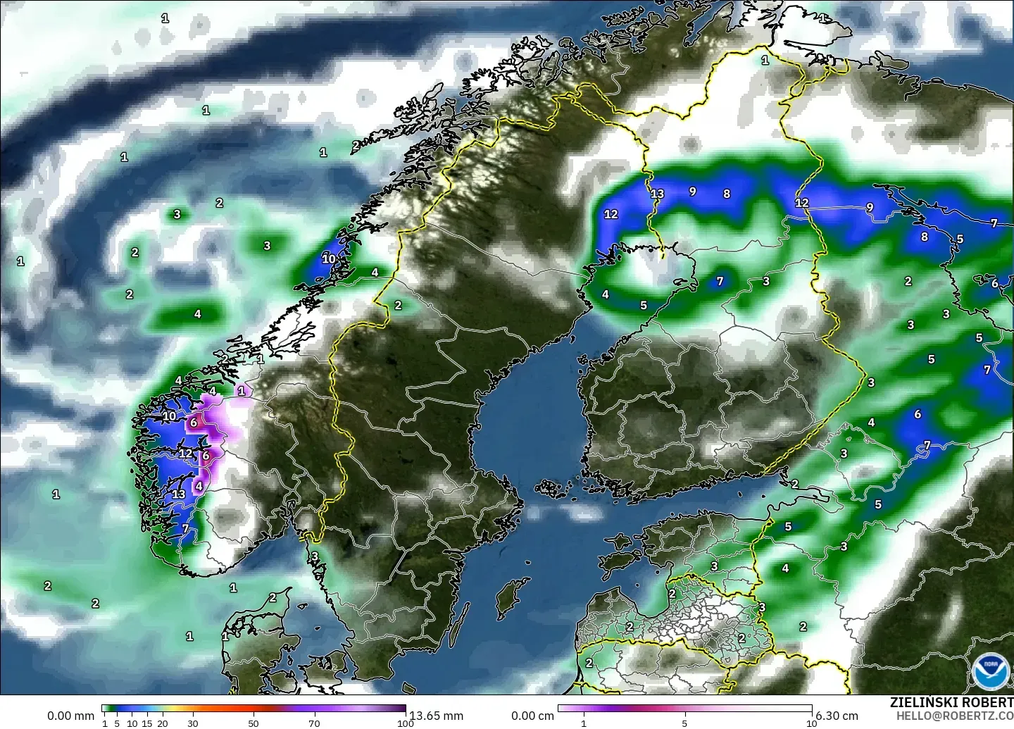 GFS modelo - Escandinávia, Precipitação, nuvens e pressão