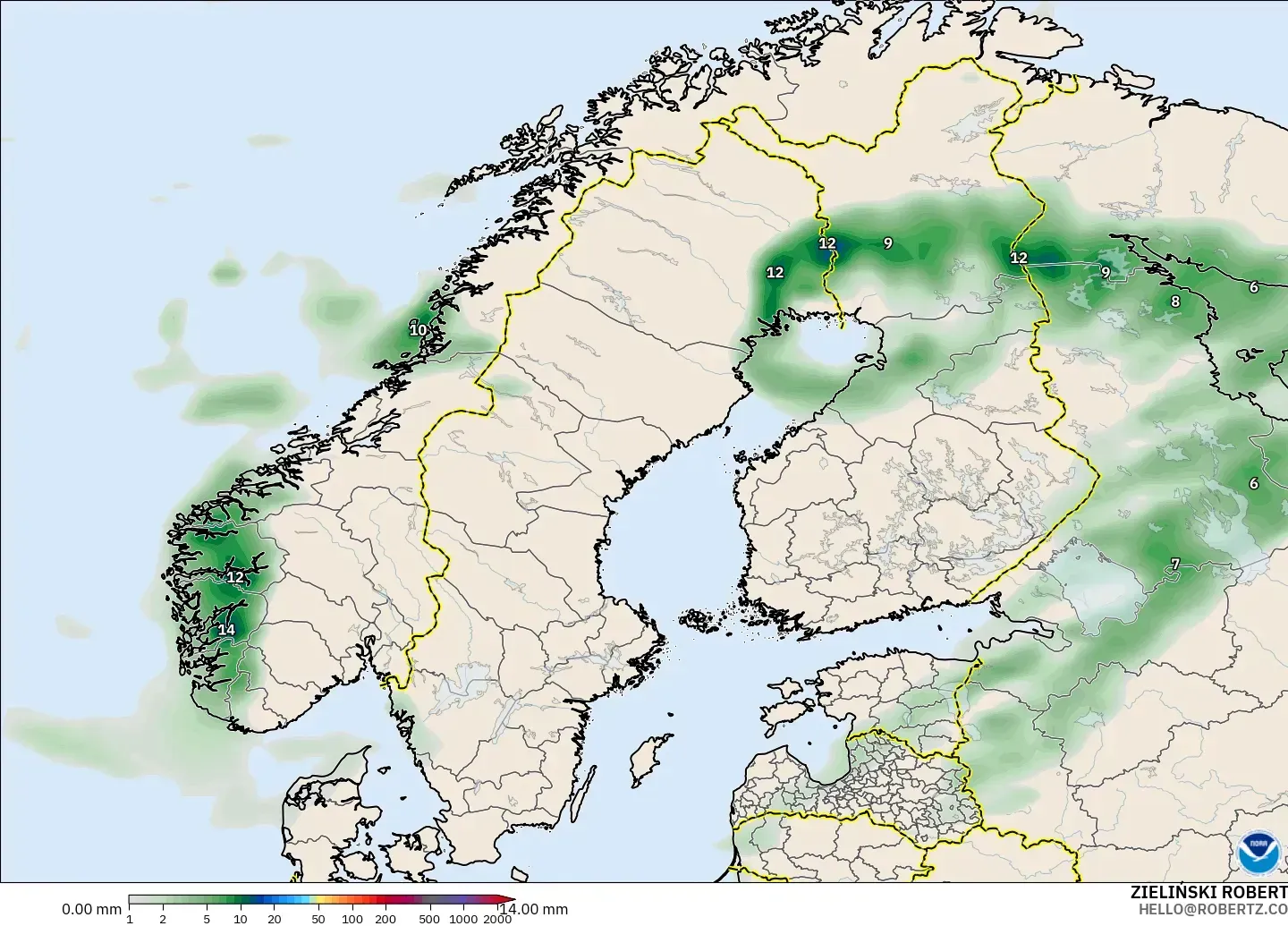 GFS modelo - Escandinávia, Acúmulo de precipitação