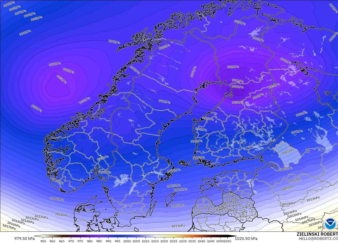 GFS modelo - Escandinávia, Pressão