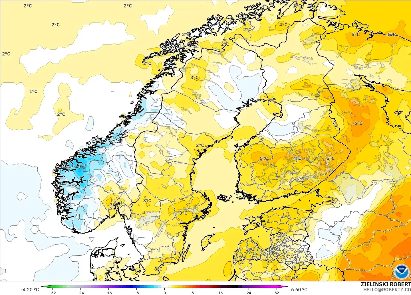 GFS modelo - Escandinávia, Anomalia de temperatura a 2 m