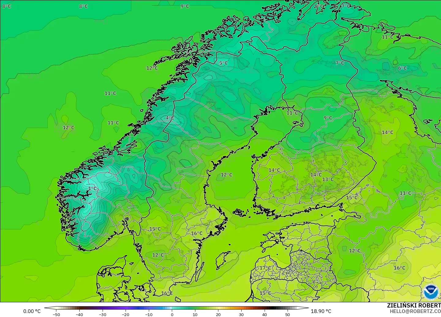 GFS modelo - Escandinávia, Temperatura a 2 m