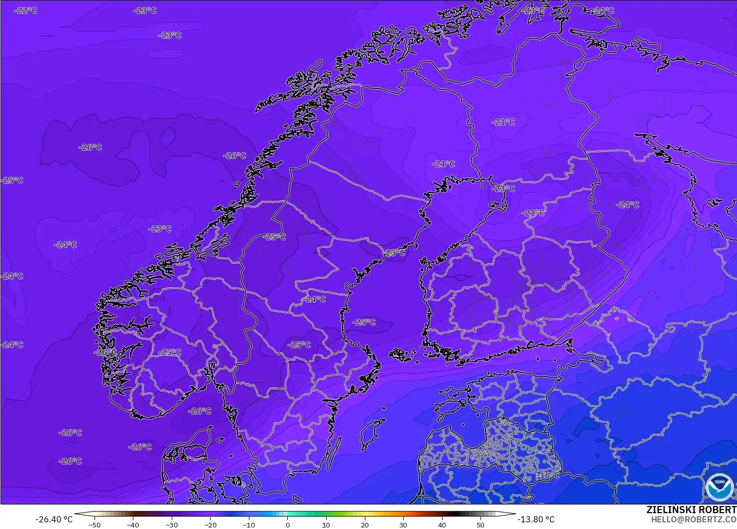 GFS modelo - Escandinávia, Temperatura a 500 hPa