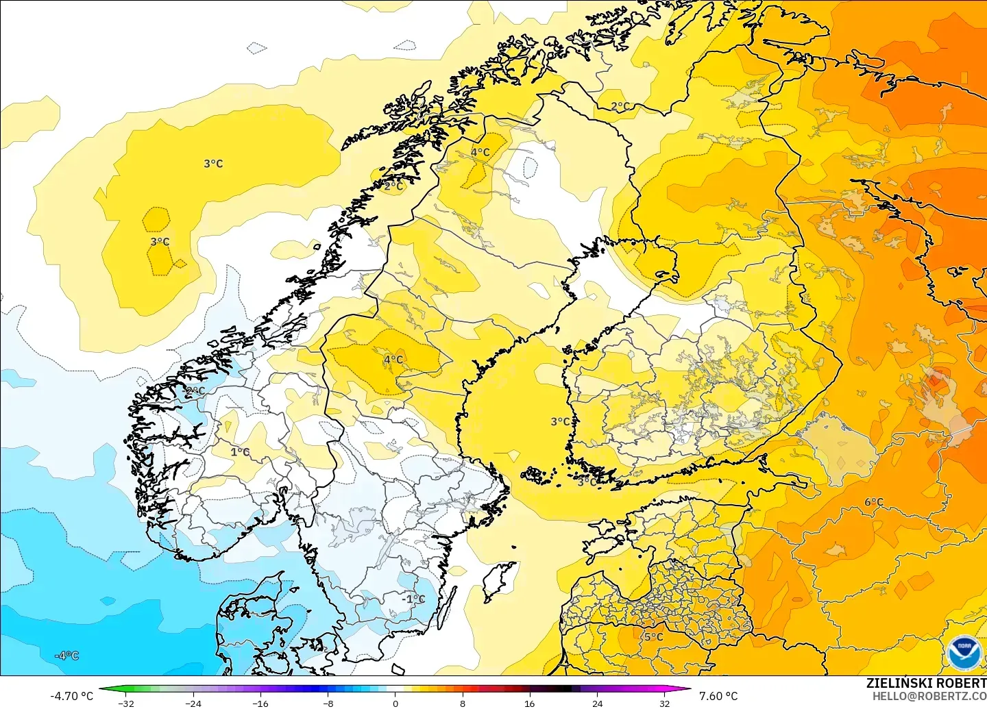 GFS modelo - Escandinávia, Anomalia de temperatura a 850 hPa