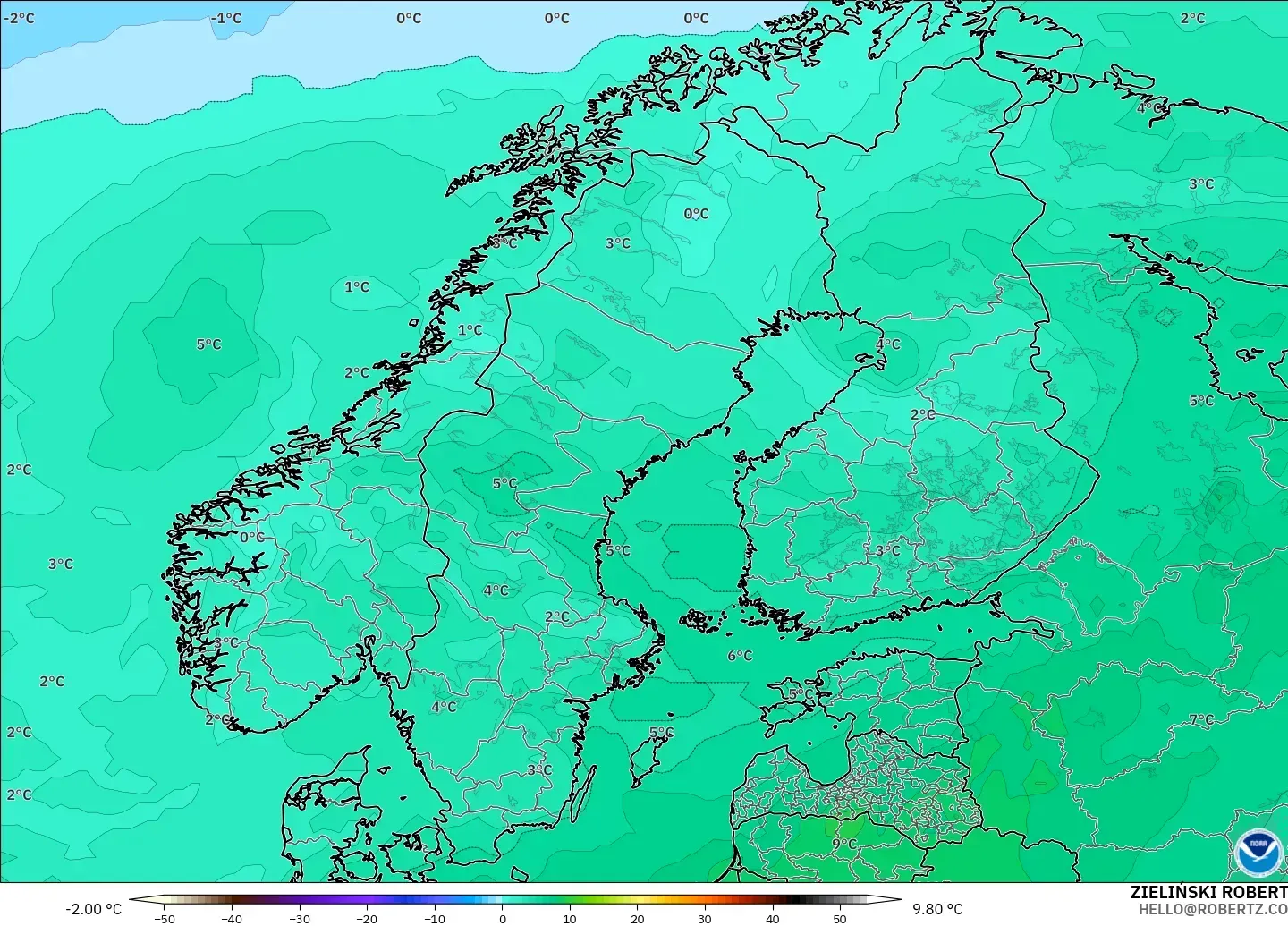 GFS modelo - Escandinávia, Temperatura a 850 hPa