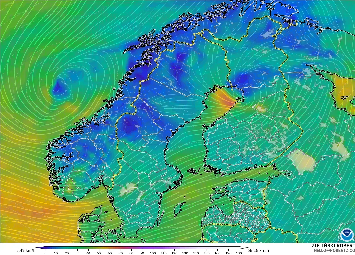 GFS modelo - Escandinávia, Vento a 10 m