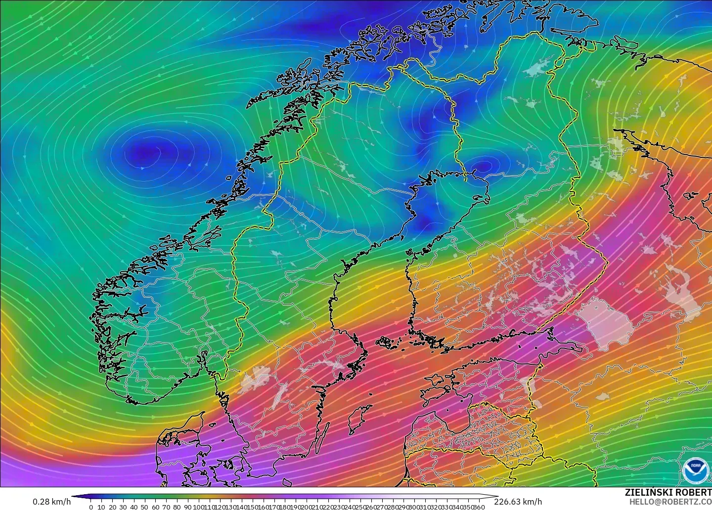 GFS modelo - Escandinávia, Vento a 300 hPa (corrente em jato)