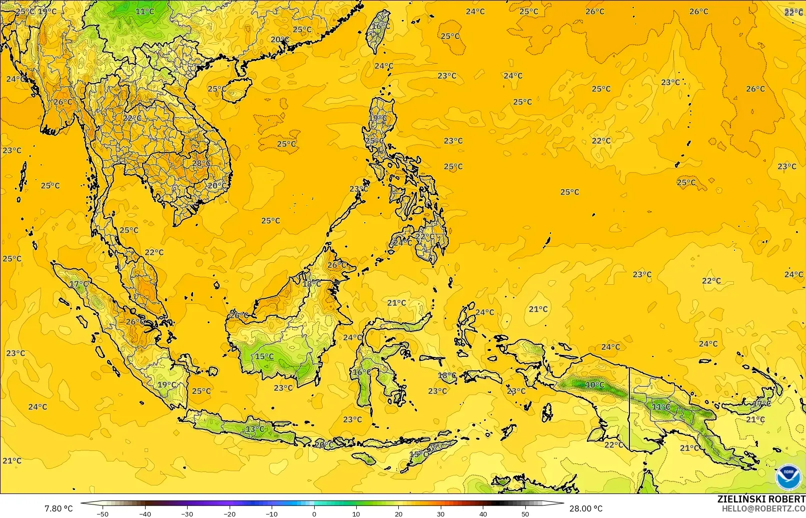 GFS modelo - Sudeste Asiático, Ponto de orvalho a 2 m