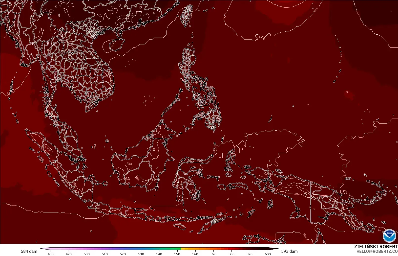 GFS modelo - Sudeste Asiático, Altura geopotencial a 500 hPa
