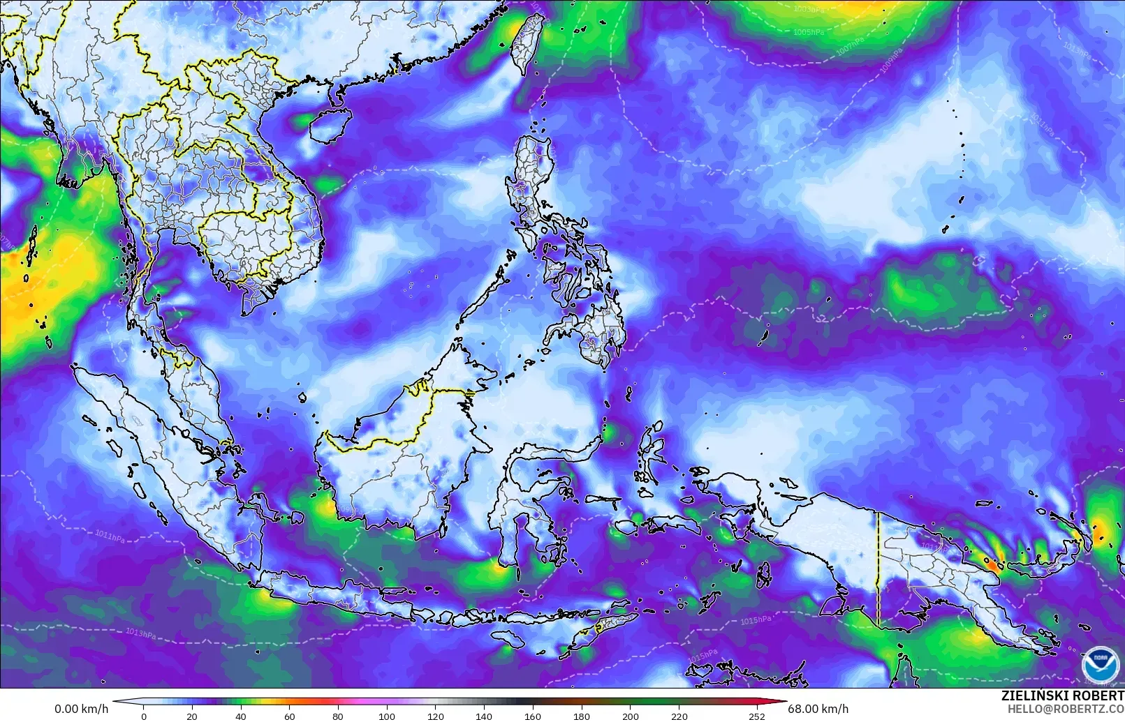 GFS modelo - Sudeste Asiático, Rajadas de vento