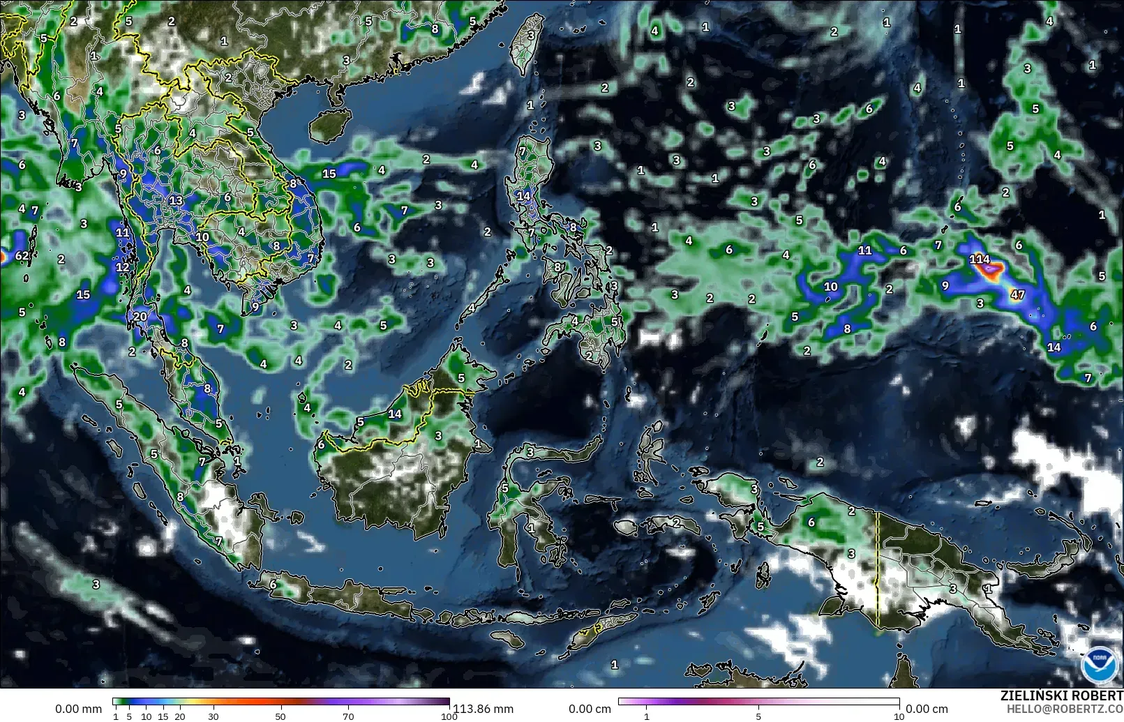 GFS modelo - Sudeste Asiático, Precipitação, nuvens e pressão