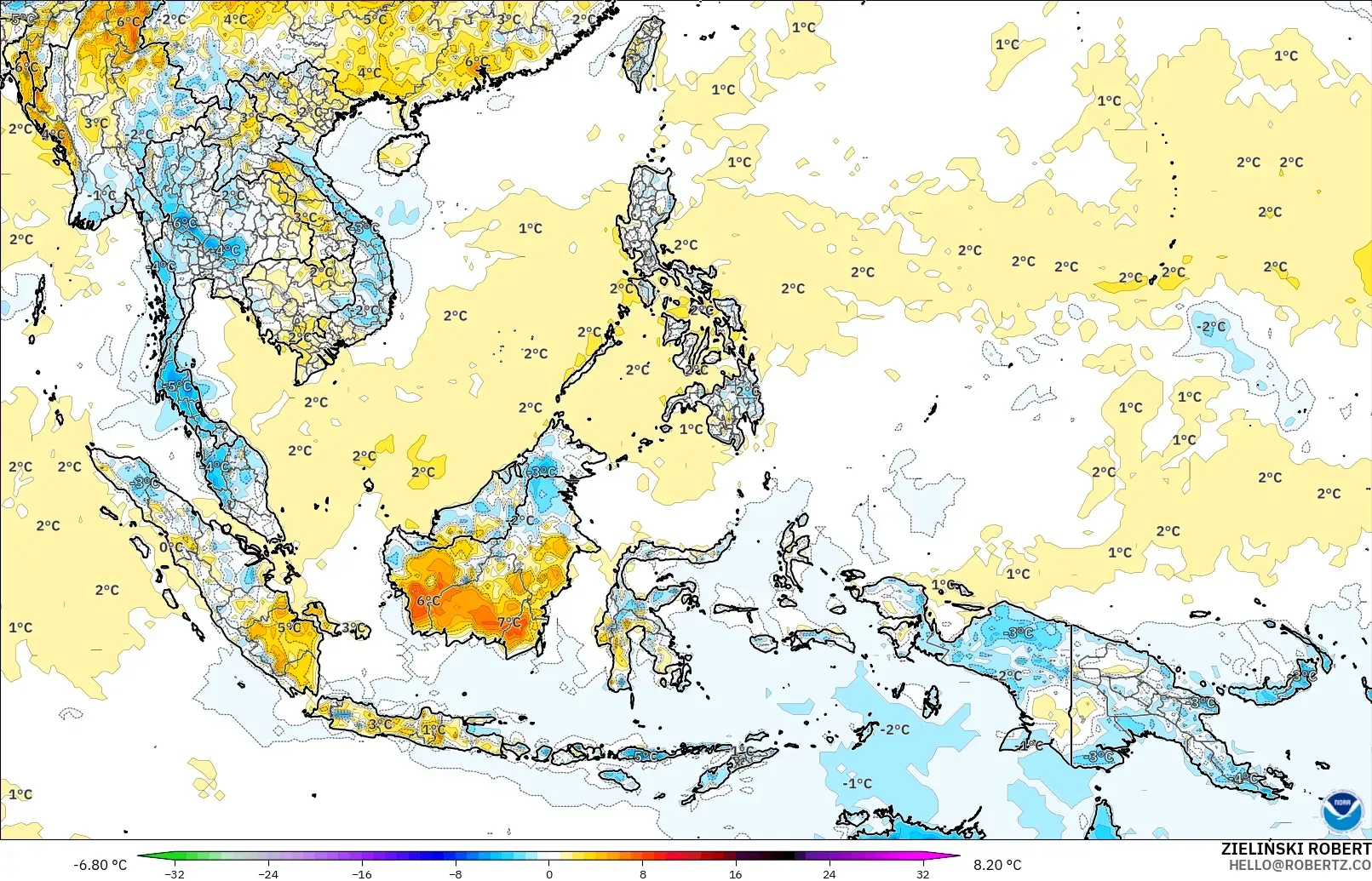 GFS modelo - Sudeste Asiático, Anomalia de temperatura a 2 m