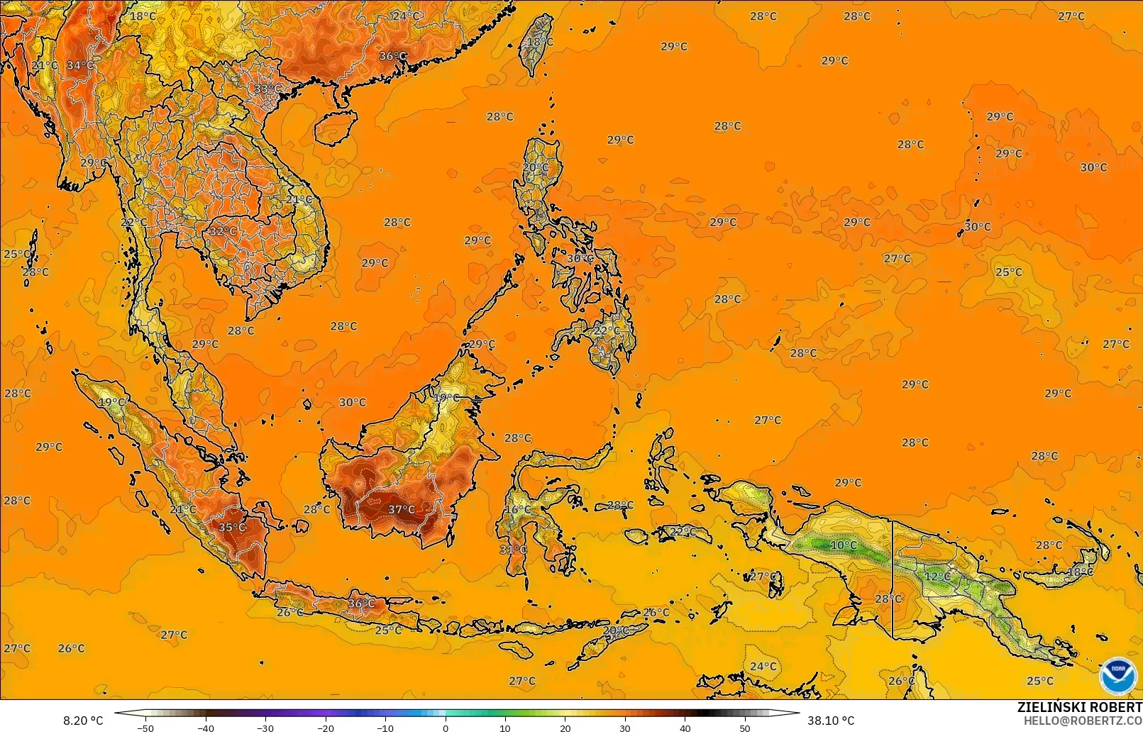 GFS modelo - Sudeste Asiático, Temperatura a 2 m