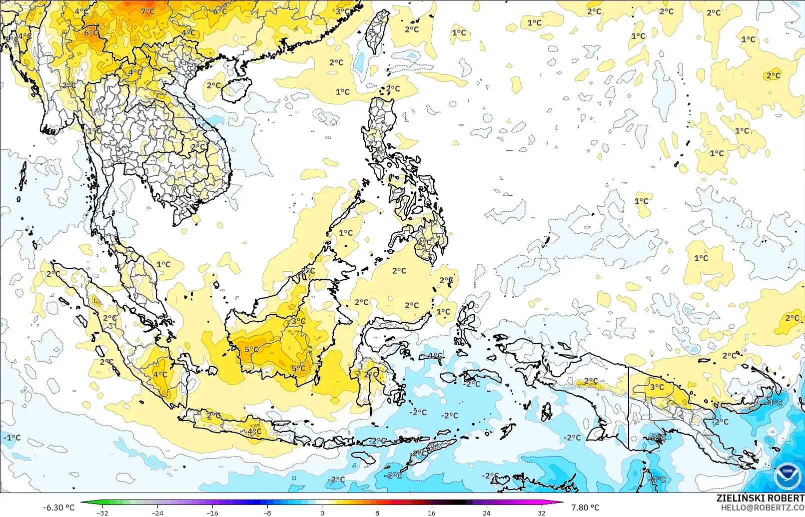 GFS modelo - Sudeste Asiático, Anomalia de temperatura a 850 hPa