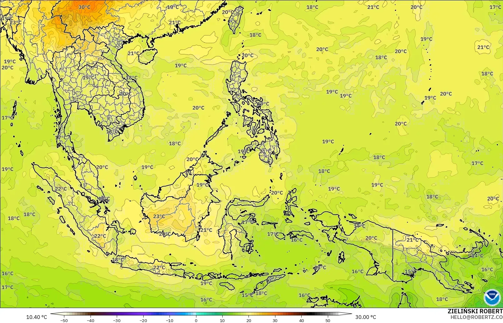 GFS modelo - Sudeste Asiático, Temperatura a 850 hPa