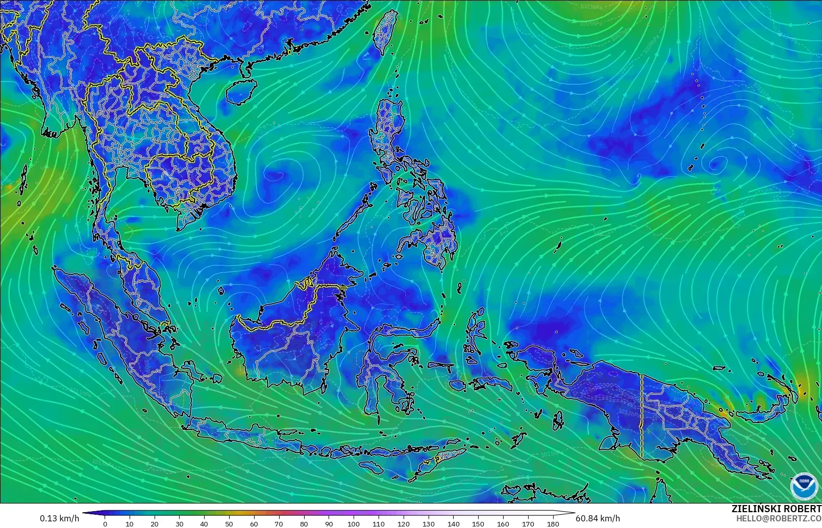 GFS modelo - Sudeste Asiático, Vento a 10 m