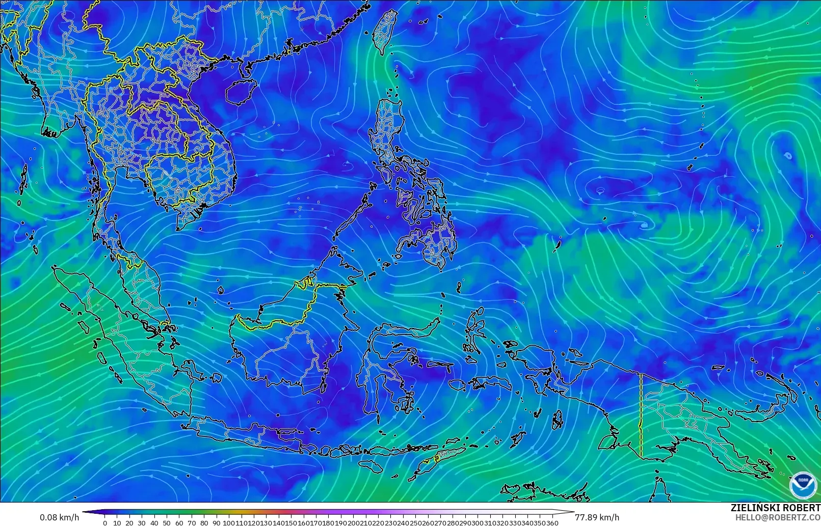 GFS modelo - Sudeste Asiático, Vento a 300 hPa (corrente em jato)