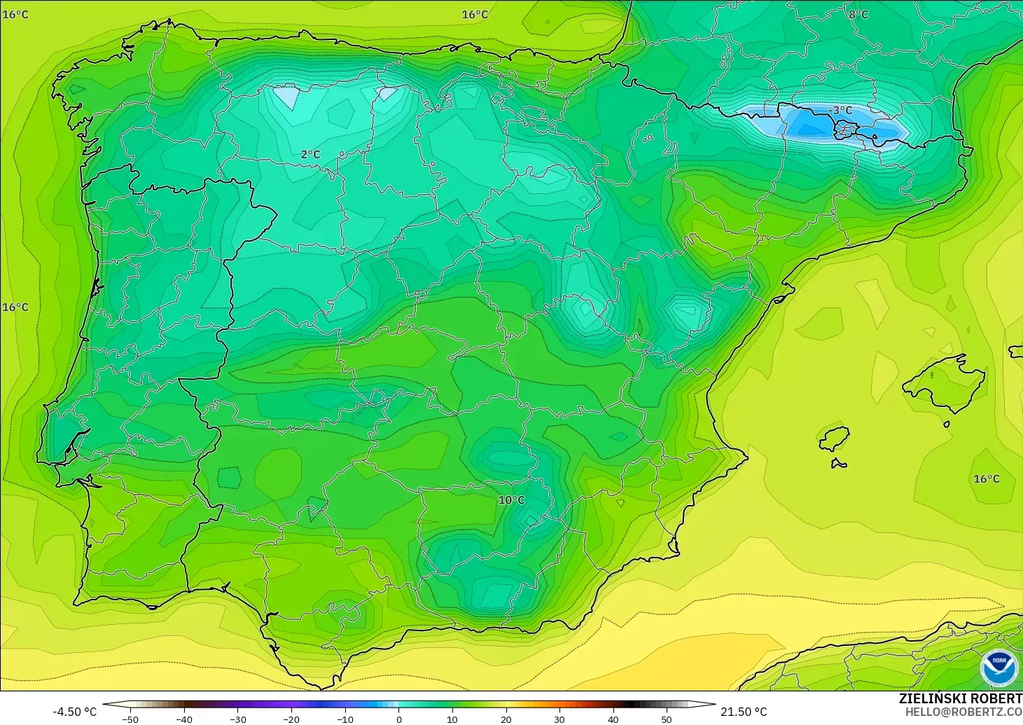 GFS modelo - Espanha, Ponto de orvalho a 2 m