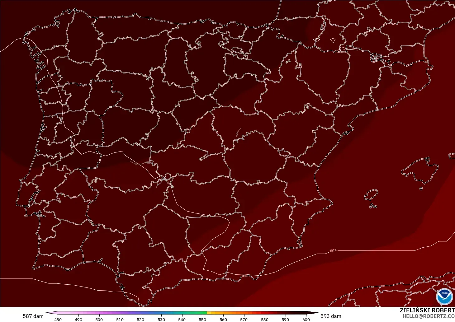 GFS modelo - Espanha, Altura geopotencial a 500 hPa