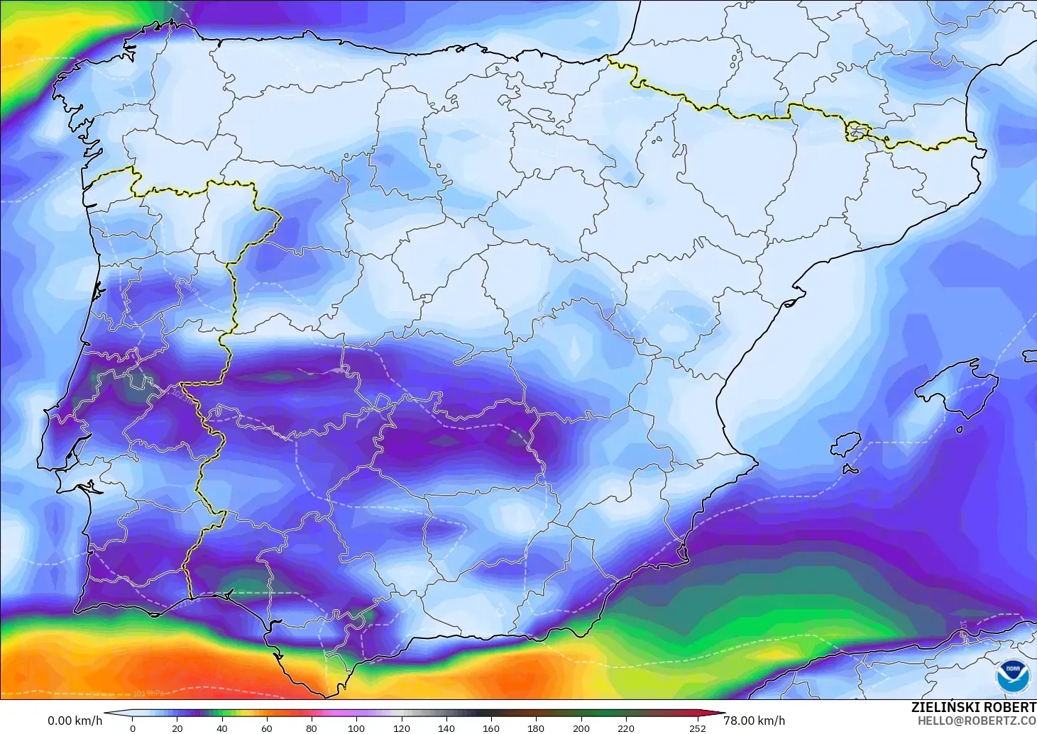 GFS modelo - Espanha, Rajadas de vento