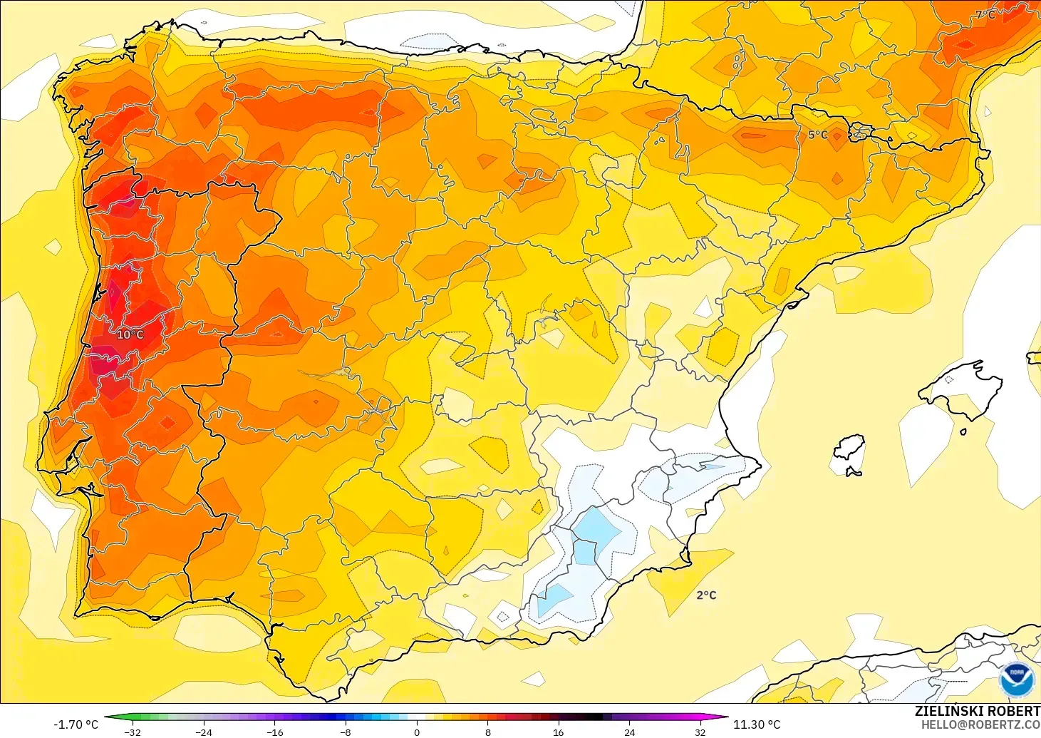 GFS modelo - Espanha, Anomalia de temperatura a 2 m