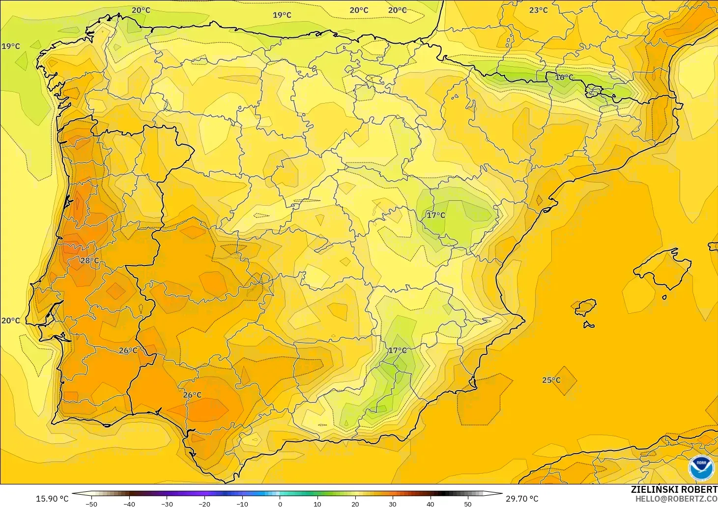 GFS modelo - Espanha, Temperatura a 2 m