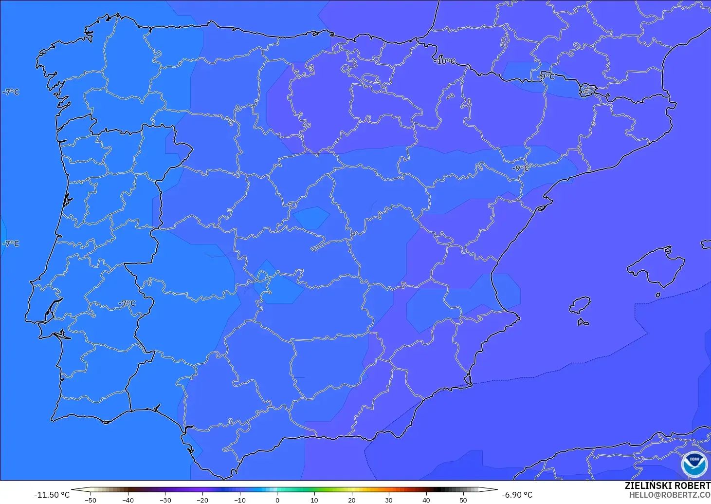 GFS modelo - Espanha, Temperatura a 500 hPa