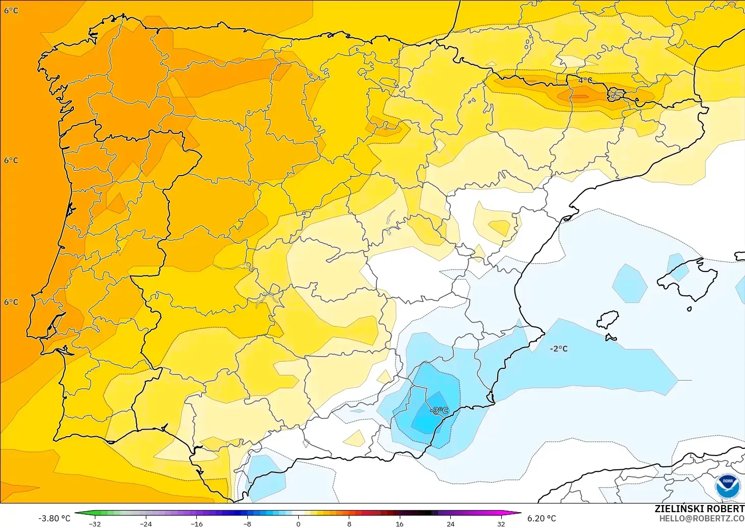 GFS modelo - Espanha, Anomalia de temperatura a 850 hPa
