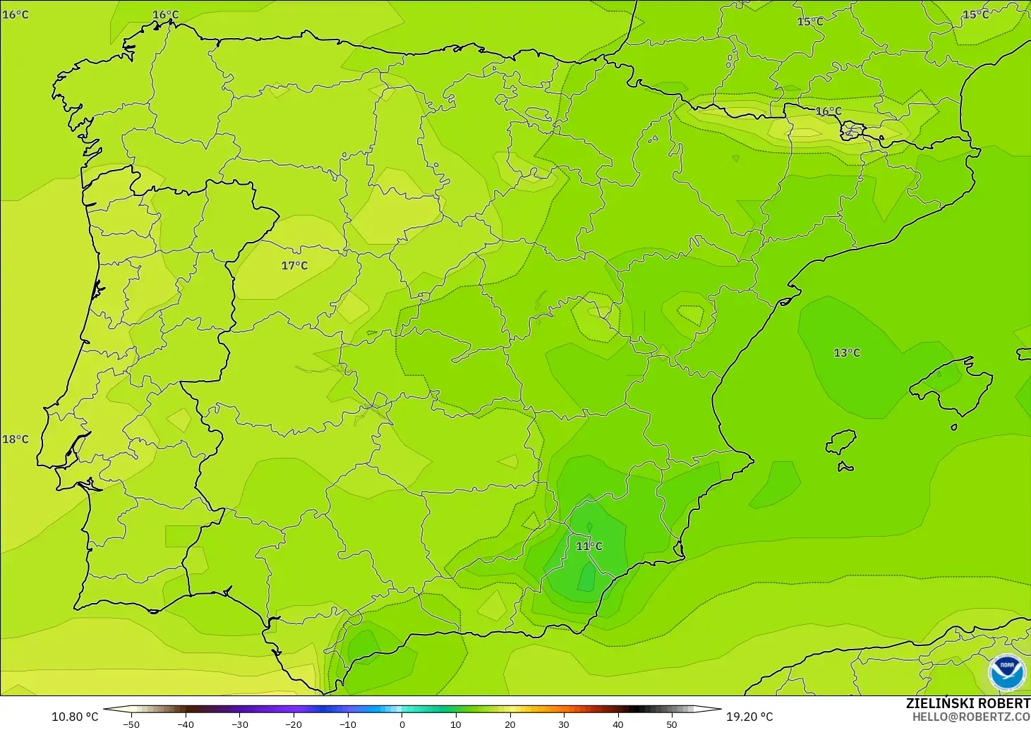 GFS modelo - Espanha, Temperatura a 850 hPa