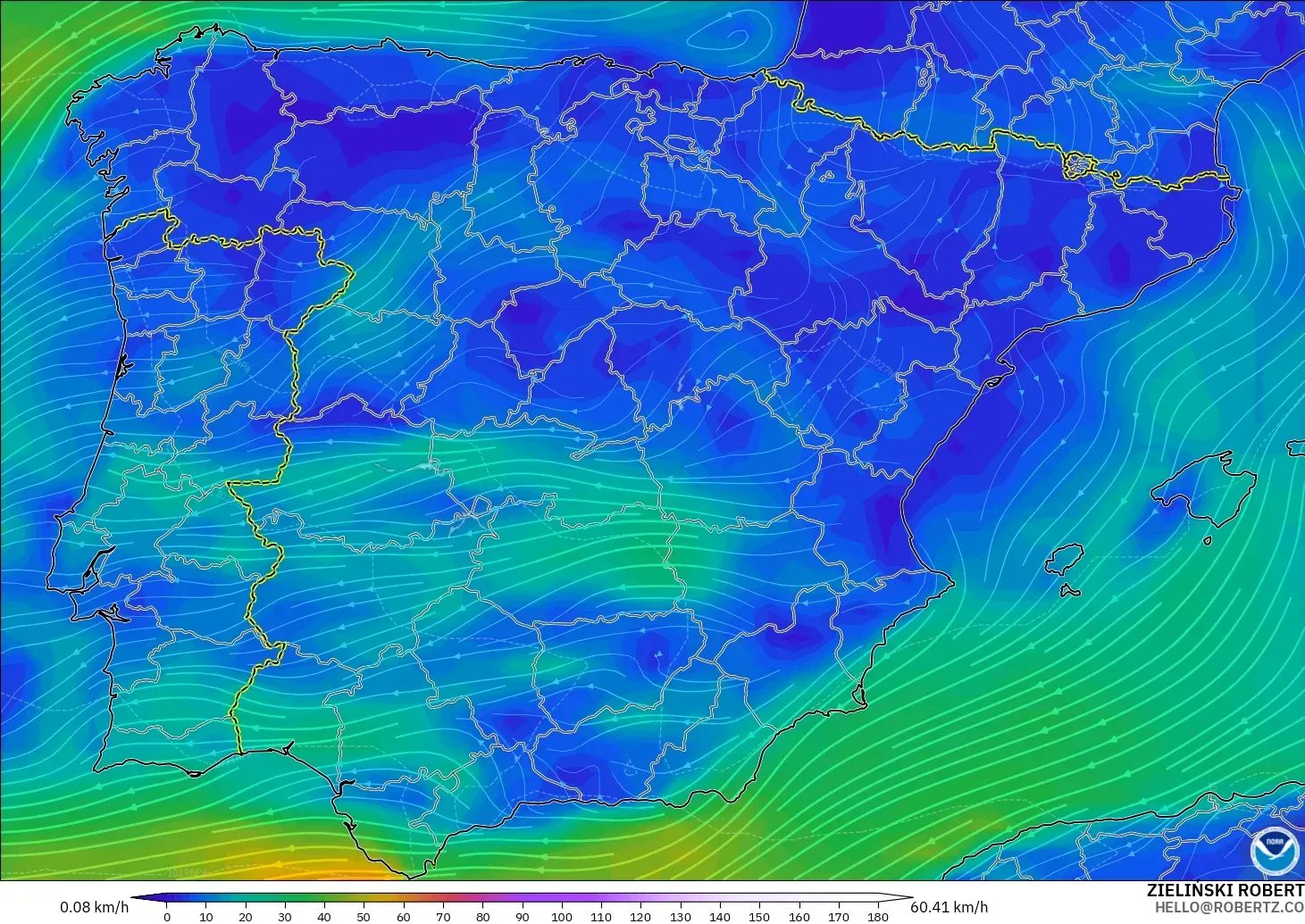 GFS modelo - Espanha, Vento a 10 m