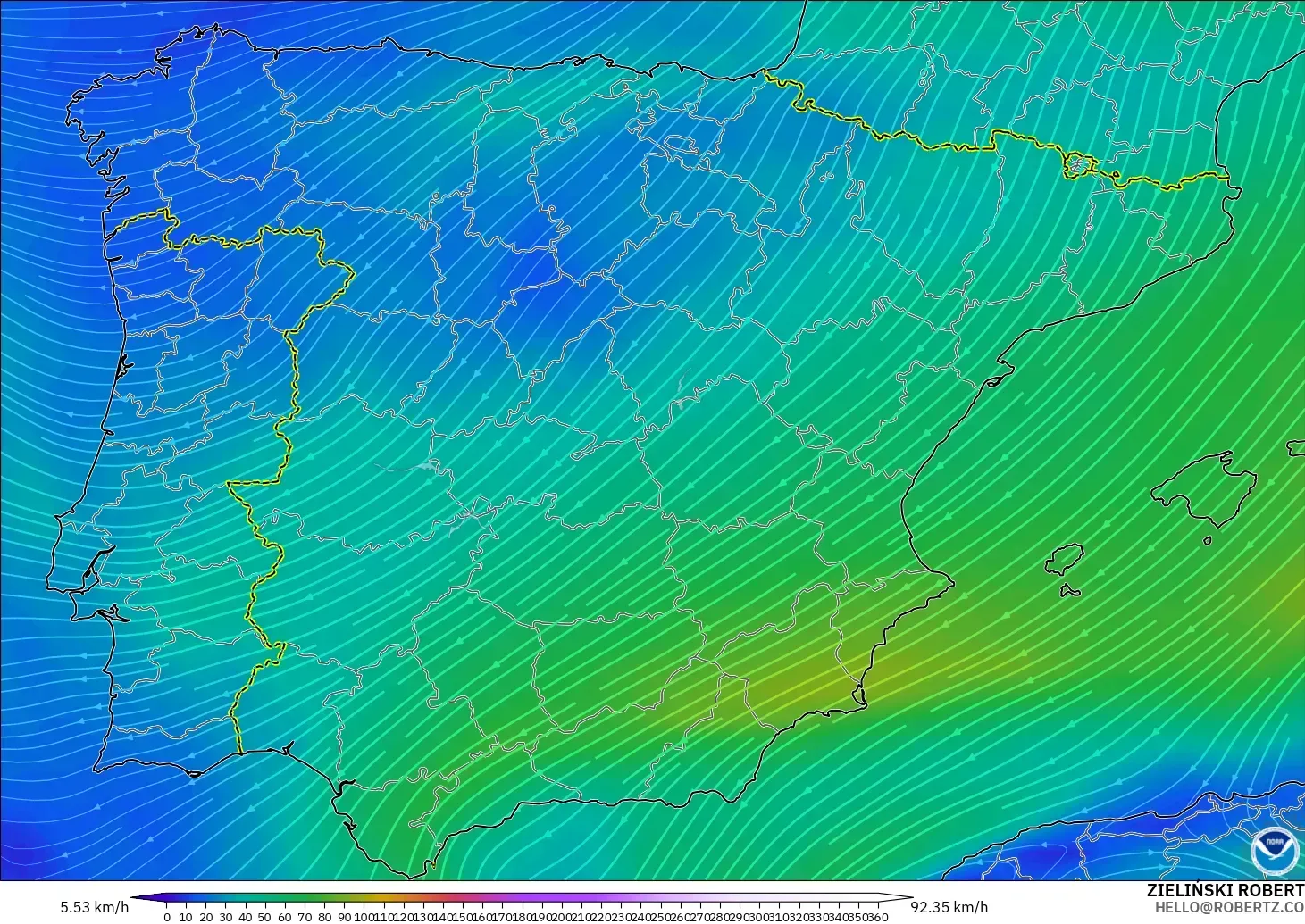 GFS modelo - Espanha, Vento a 300 hPa (corrente em jato)