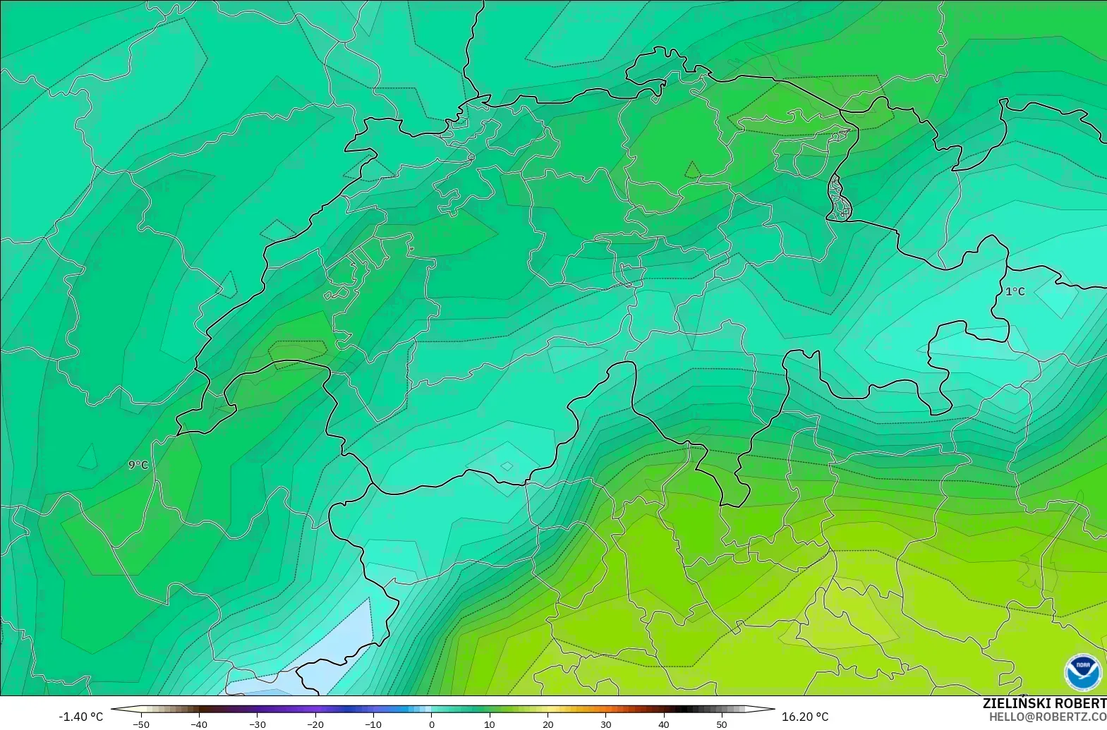 GFS modelo - Suíça, Ponto de orvalho a 2 m