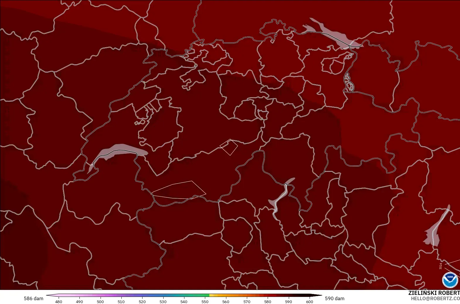 GFS modelo - Suíça, Altura geopotencial a 500 hPa