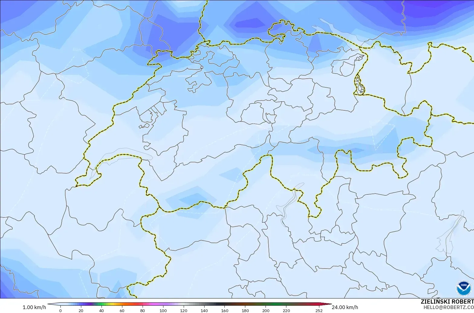GFS modelo - Suíça, Rajadas de Vento Máximas